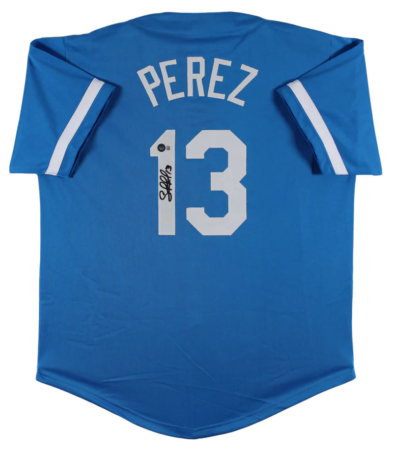 Salvador Perez Signed Blue Pro Style Baseball Jersey with Beckett Witness